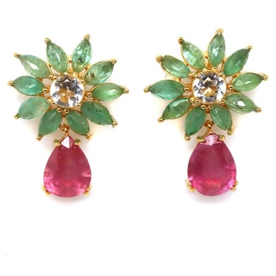 Thailändische Handgemachte 8 X 10 Mm. Rosa Rubin, Topas & Smaragd Ohrringe - Bild 1 von 4