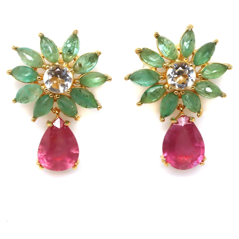 Thailändische Handgemachte 8 X 10 Mm. Rosa Rubin, Topas & Smaragd Ohrringe - Bild 1 von 4
