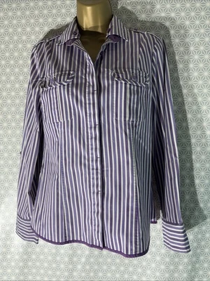 Next Uk 10 Purple&white Stripe Long Roll Tab Sleeve Smart Blouse Shirt Womens - Image 1 of 4
