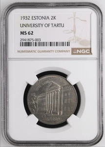 1932 Estland 2 Krooni 300 Jahre Tartu Universität anniv Silbermünze NGC MS 62 UNC - Bild 1 von 2