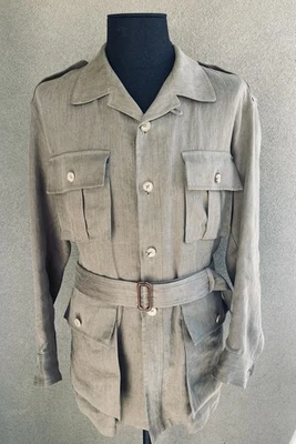HOLLAND & HOLLAND Safari Jacket, Khaki Green Linen, Made in France, Belted, M - Image 1 of 4
