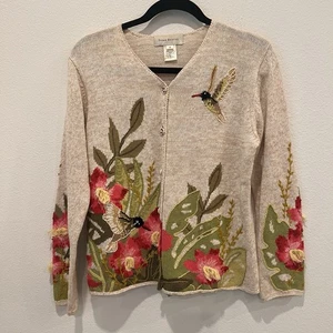 Suéter cárdigan floral colibrí Fisher Hill para mujer talla M bordado a mano - Imagen 1 de 8