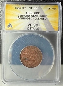 1586 6 Pfennig Germany-Osnabruck ANACS VF 30 Details Cleaned & Corroded - Picture 1 of 4