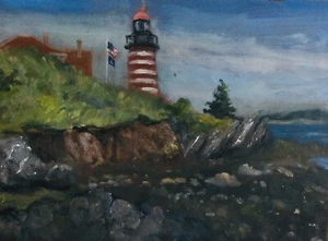 West Quoddy Head Lighthouse In Lubec Maine Original Oil Painting - Picture 1 of 1