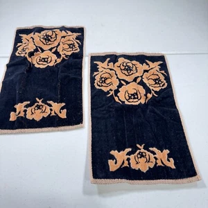 vintage martex hand towel pair black floral cotton chenille texture mcm 1336-23 - Picture 1 of 14