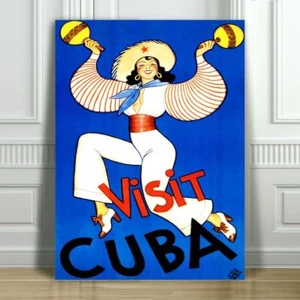 VINTAGE TRAVEL CANVAS ART PRINT POSTER - Visit Cuba Dancer Blue - 24x18" - Picture 1 of 1