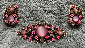 Vintage Signed Art Arthur Pepper Filigree Pink Enamel & Rhinestone Pin/Earrings