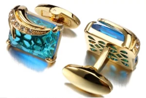 Men Cufflinks Shirt Suit Cuff Links 1 Pair Jewelry Blue Crystal Luxury Birthday - Picture 1 of 8