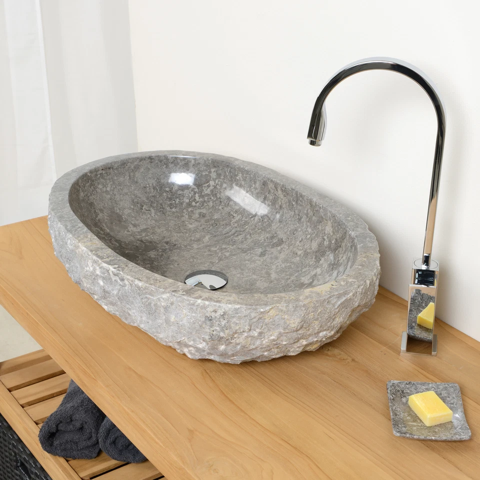 Marmor-Stein-Waschbecken 60 cm EROSI oval grau Naturstein-Schale Bad wohnfreuden