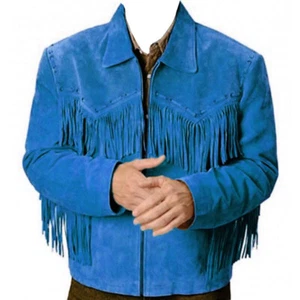 Men's Cognac, Brown, Black, Blue Suede Leather Fringes Western Jacket WFJ20 - Picture 1 of 17