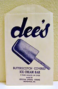 Vintage Dee's Ice Cream Bar Bag Crystal Spring Farm Brunswick Me Old Store Stock - Bild 1 von 1