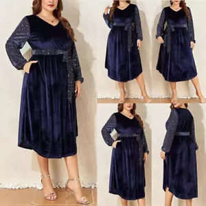 Plus Size Women V Neck Velvet Party Cocktail Ball Gown Ladies Pockets Midi Dress - Picture 1 of 23