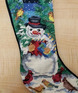 Lands End Stocking Christmas Wool Needlepoint Birds Snowman Blue Holiday-Read - Picture 1 of 11