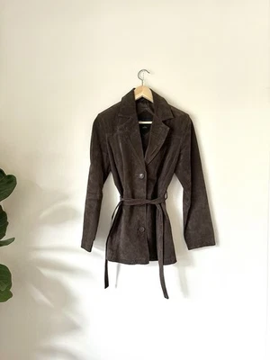 Casaco jaqueta blazer vintage anos 90 Y2K relatividade 100% couro camurça boho hippie com cinto - Imagem 1 de 4