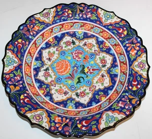 12" Blue Turkish Iznik Raised Floral Pattern Hand-made Ceramic Plate - Picture 1 of 4
