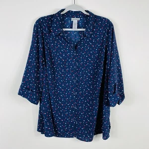 Catherines 0X Petite Blusentop Sternenmuster Rollriegelärmel geknöpft marineblau - Bild 1 von 4