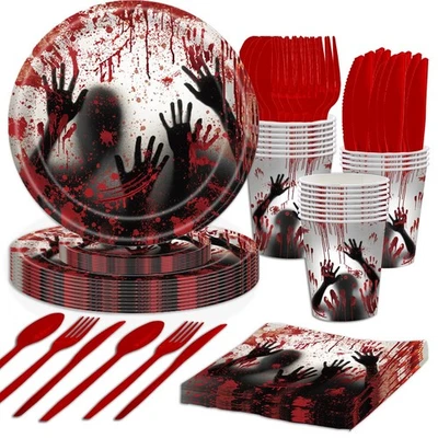 168 Piezas Sangrientos Suministros de Halloween Sirven 24 Zombie Horror Halloween Cumpleaños P... Foto 1 de 4