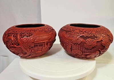 2 PARES Jarrón Antiguo Chino Rojo Laca de Cinabrio Plano RARO Forma 7.5" W - A54 Foto 1 de 4