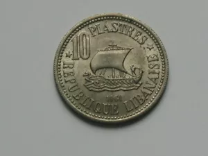 Lebanon 1961 10 PIASTRES Coin AU+ with Toned-Lustre & Ancient Sail Ship - Picture 1 of 2