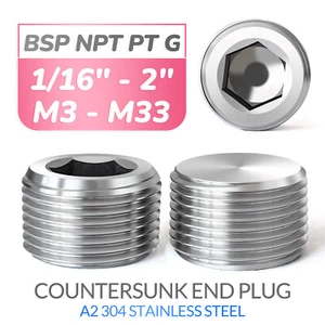 BSP NPT PT G Male Stainless Steel Countersunk End Plug Internal Hex Head Socket - Picture 1 of 62