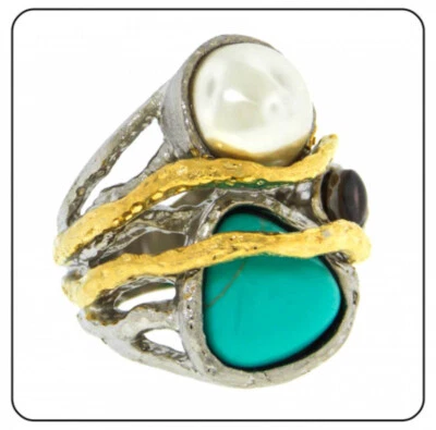 Anello Turchese Argento 18ktYellow Oro Perle Abalone Gemma 5 6 9 10 Nuovo - Immagine 1 di 3