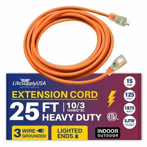 25ft Power Outdoor Extension Cord & Indoor - Waterproof Electric Drop Cord Cable - Picture 1 of 7