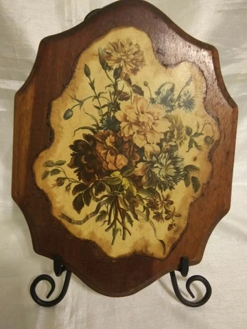Vintage Decoupage On Wood ~Bouquet of Flowers~ Hanging Picture Stamped Japan Cover