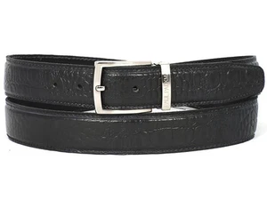 Cinturón de cuero de becerro en relieve de cocodrilo para hombre pintado a mano negro ( - Imagen 1 de 2