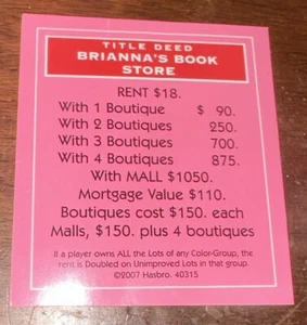Vtg Monopoly Barbie Boutique Ed. 2007 Replacement Pc Brianna’s Book Store Card - Picture 1 of 4