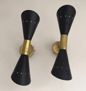 Pair of Stilnovo Style Diabolo Model Brass Black Italian Sconces Wall Light Lamp - Foto 1 di 6