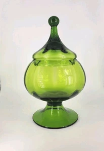 Vtg Empoli Glass Footed Apothecary Jar Emerald Green Circus Tent Candy 10” W/Lid - Picture 1 of 10