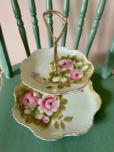 Lefton GREEN HERITAGE Hand Painted Two Tier Serving Tray Plates 1153 Excellent - Picture 1 of 7