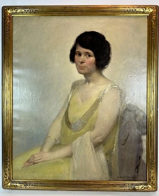 Gustav F. Goetsch 1930 Oil Portrait of a Woman in Yellow Gown Signed Framed  - Image 1 of 4