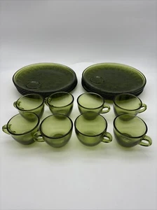 Set 8 snack anni 60 Indiana vetro verde Sunburst ogni piatto e bicchiere MCM retrò - Foto 1 di 11