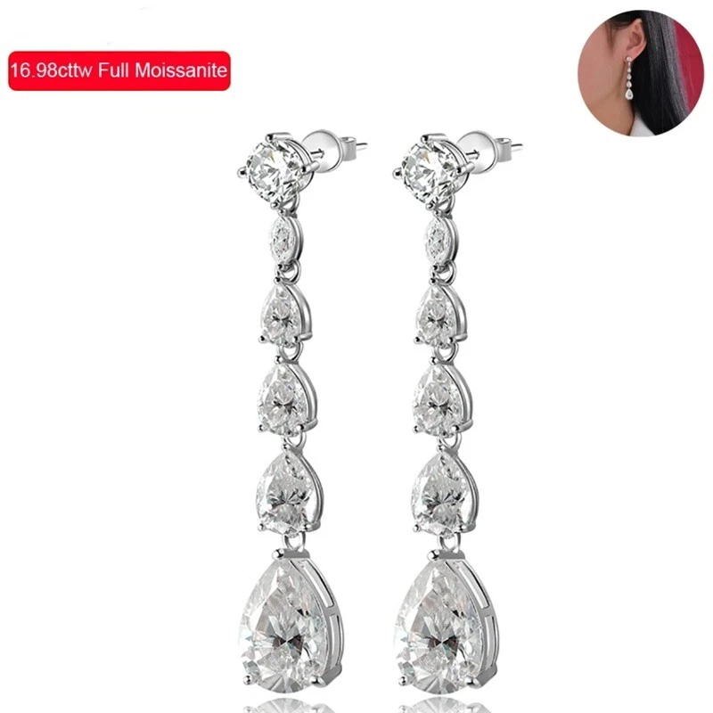 VVS1 Pear Cut Moissanite Tassel Drop Dangle Earrings Women 14k White Gold Plated - Image 1 of 4