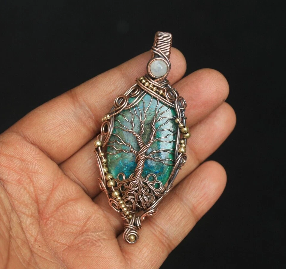 Colgante de crisocola de árbol envoltura de alambre de cobre piedras preciosas joyería regalo para madre NK624 Foto 1 de 4