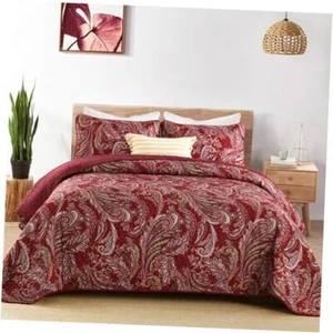  Boho Quilt Set Queen,3 Pieces Paisley Pattern Bedspread Queen(96"×90") Red - Picture 1 of 8