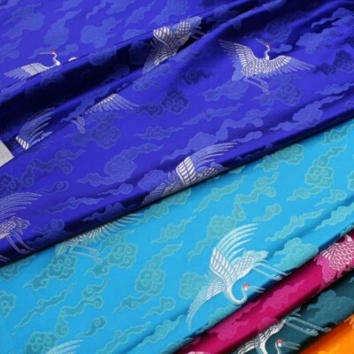 Faux Silk Satin Fabric Craft Brocade Damask Embroidery Retro Crane 75*100cm Trim - Image 1 of 4