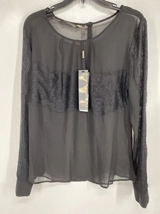 Kardashian Kollection Blouse Womens Medium Black Lacy Sheer Top Long Sleeves NWT - Picture 1 of 19