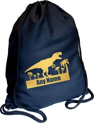 PRESENT2FUTURE Dinosaur Personalised BLACK Kids COTTON Childs School Sports Gym PE Bag, Xmas