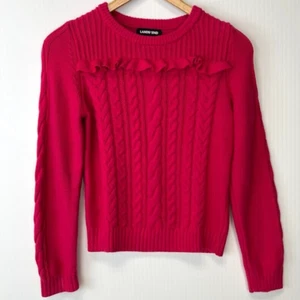 Lands End Sweater Girl Medium Youth Cable Knit Flounced Cotton Pink Party Core - Picture 1 of 13