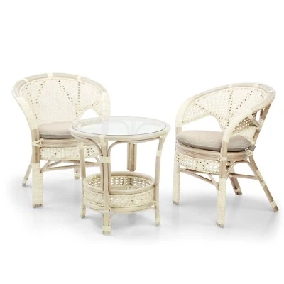 Pelangi Lounge Set of Round Table and 2 Chairs Natural Rattan Wicker, White - Image 1 of 4