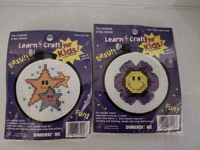 2 Learn A Craft Kids Cross Stitch Kits Star Pair & Smiley Face Flower DIMENSIONS - Image 1 of 2