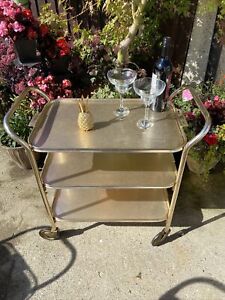 VINTAGE RETRO 3 TIER TROLLEY Gold Gin Serving Tea Cocktail Removable Tray