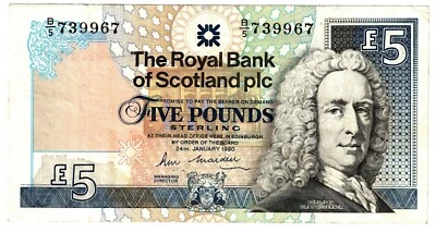 Billete P352a 1990 Royal Bank of Scotland 5 libras circulado Foto 1 de 2