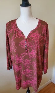 Style & Co Women's Plus 2X Cotton-Blend Top 3/4 Sleeve Henley Neck Brown/Pink - Picture 1 of 14