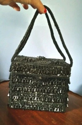Vintage Antique 1950-60 Black Beaded & Sequined Box Purse  Jet Black Beads  - Image 1 of 4