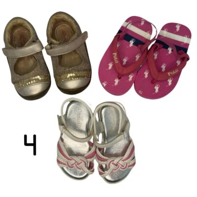 Toddler Girls Shoes Sandals Lot, Sz 4T, Size 4 Polo Flip flops, 4W Stride rite - Image 1 of 4