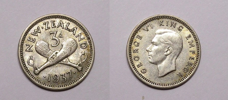 ¡PLATA! ¡PLATA! ¡PLATA! Tres peniques de plata de Nueva Zelanda 1937 #497-113 Foto 1 de 1