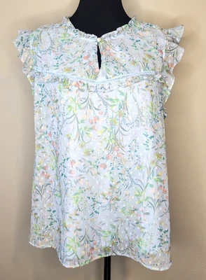 Lauren Conrad Sz XXL Ruffled Sleeveless Baby Blue Floral Top Semi Sheer Shirt - Image 1 of 4